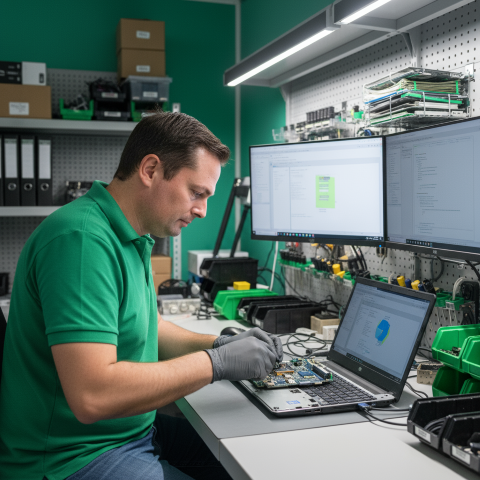 Técnico a reparar portátil com ferramentas organizadas